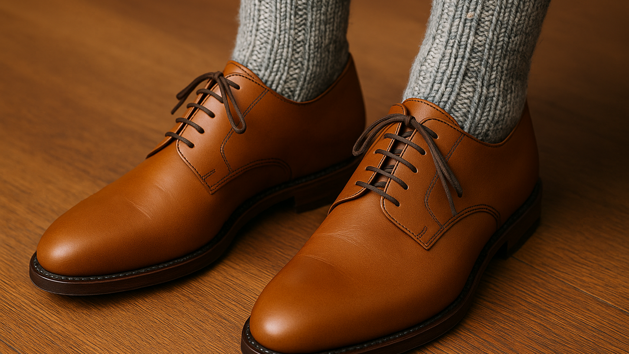 Mit Wollsocken in Lederschuhen